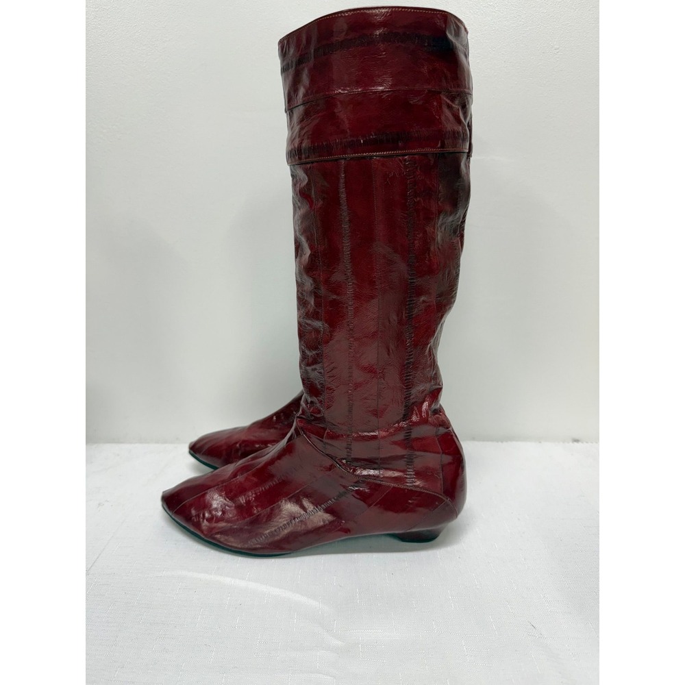Vintage Burgundy Eel Skin Leather Tall Boots Pointed Toe Low Wedge Red Womens